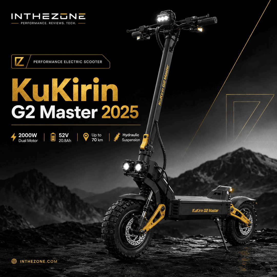 KuKirin G2 MASTER electric scooter review showcasing features like dual motor and hydraulic suspension.