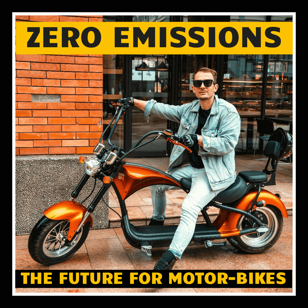 Future motorbike emissions limits highlighted with a person riding an electric motorbike in an urban setting.