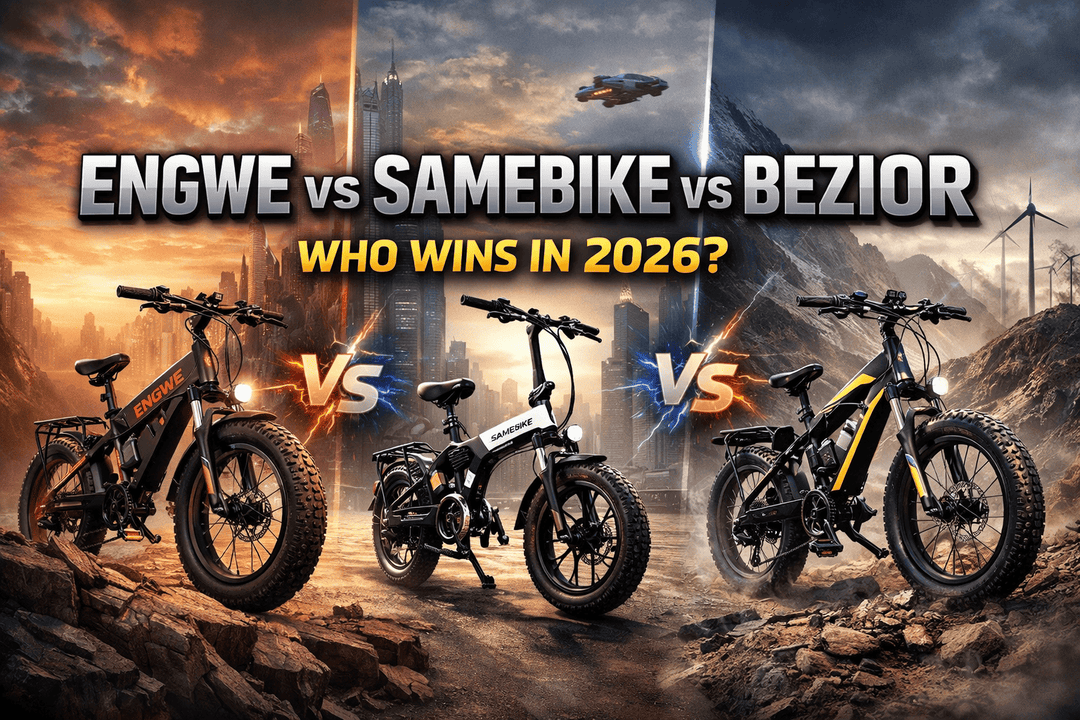 ENGWE SAMEBIKE BEZIOR comparison 2026 image showing electric bikes competing in a futuristic landscape.
