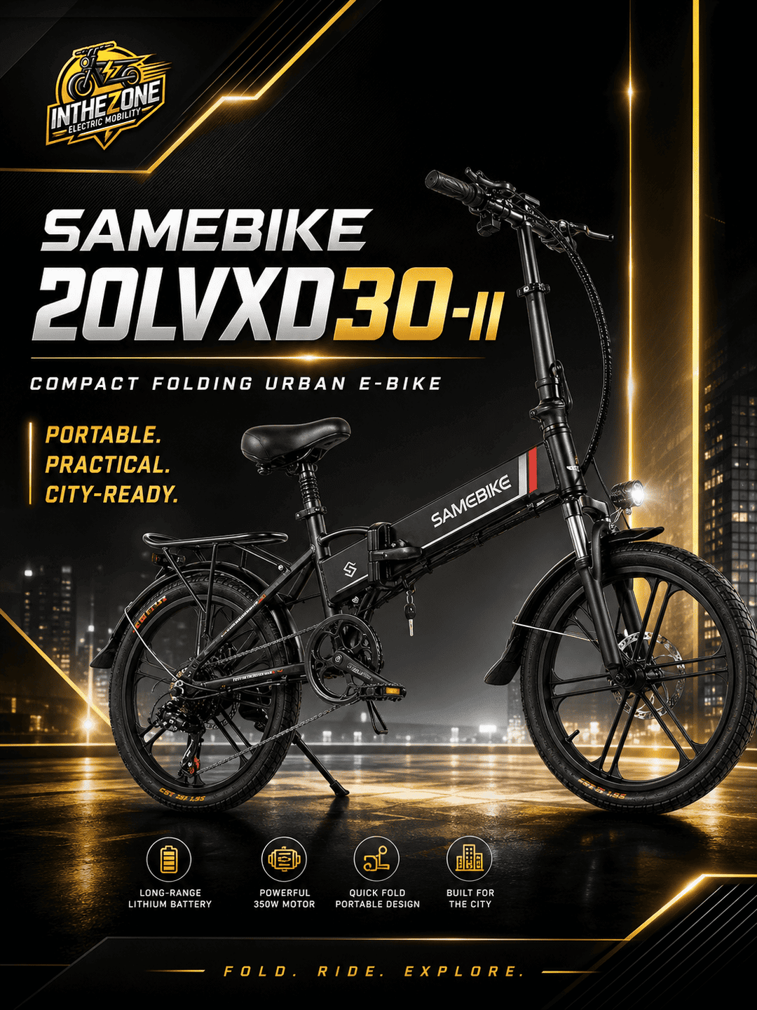 SAMEBIKE 20LVXD30-II Folding Electric Bike Guide showcasing a compact urban e-bike with portability features.