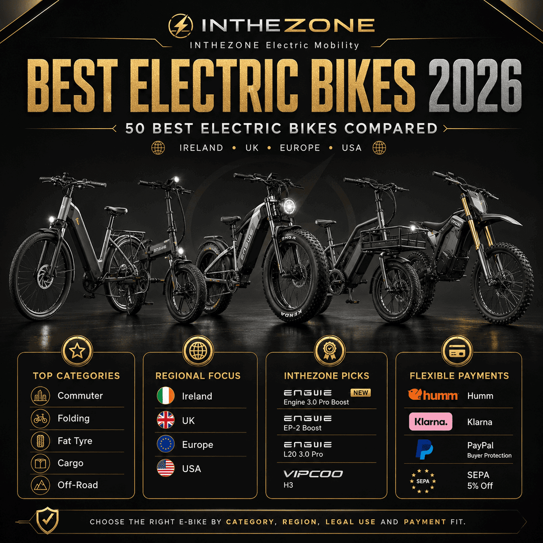 Image showcasing the Best Electric Bikes 2026 with top models compared for Ireland, UK, Europe, and USA.