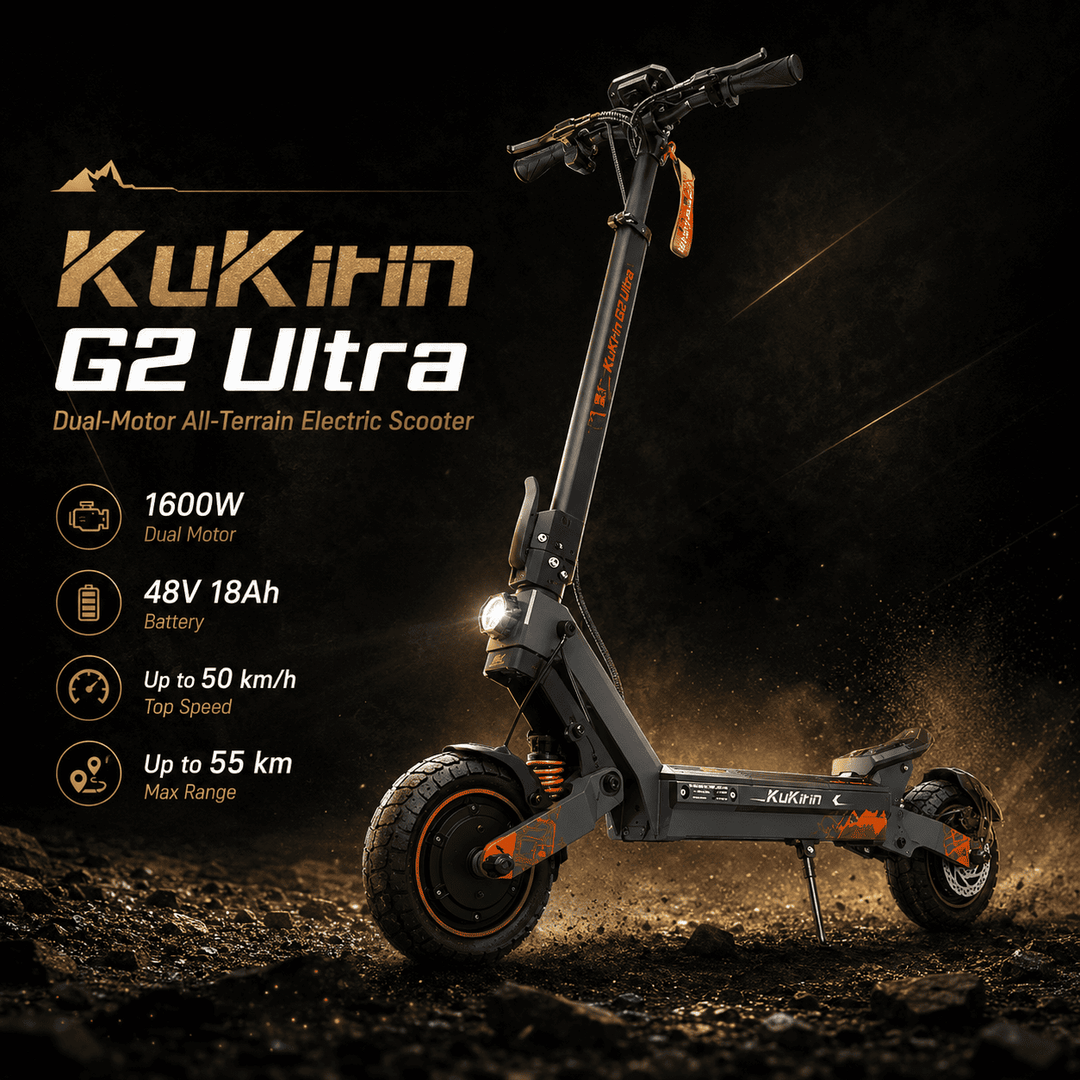 KuKirin G2 Ultra Electric Scooter showcasing 1600W dual motor, 50 km/h speed, and 55 km range.