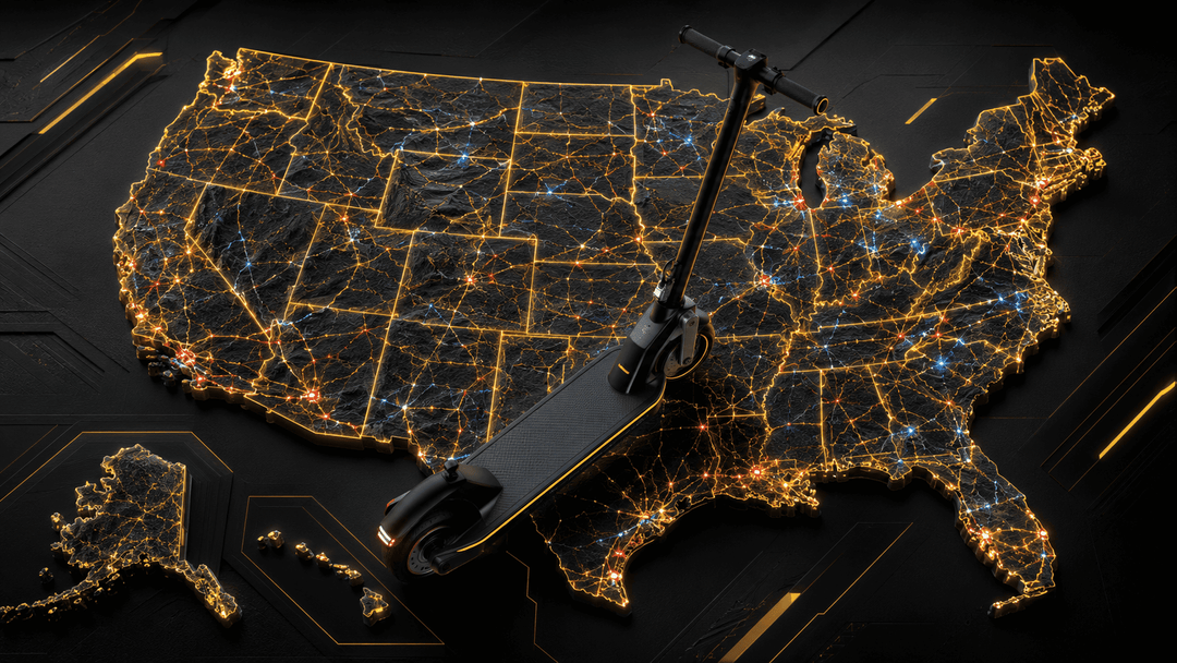 Electric scooter laws USA 2026 illustrated on a map with an electric scooter.