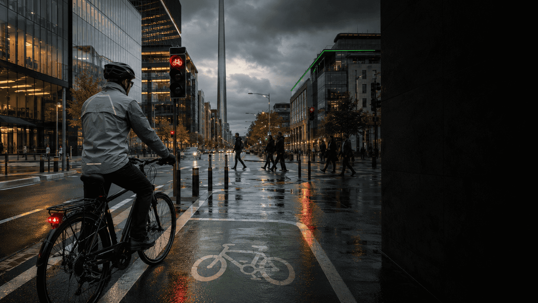 A cyclist on a bike path waiting at a traffic light in a rainy urban setting, illustrating legal electric bikes in Ireland.