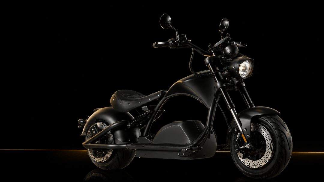 EAHORA Chrome M1PS electric chopper motorcycle showcased in a sleek black design with modern features.