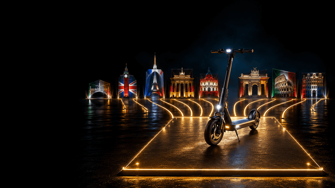 European electric scooter laws 2026 showcased with illuminated landmarks in the background and a stylish scooter in focus.