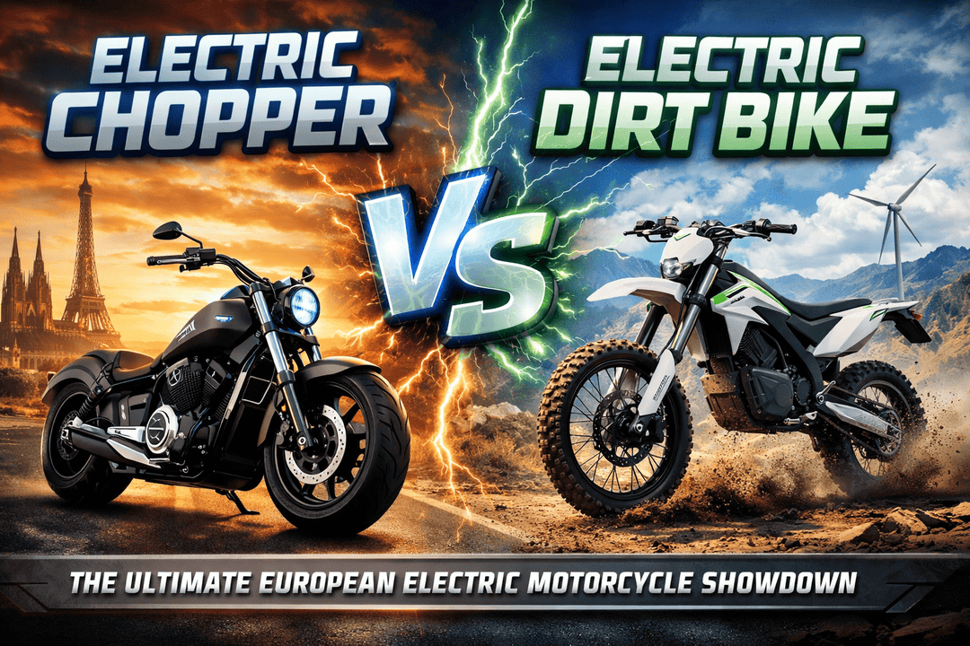 Electric motorcycle comparison of Electric Chopper vs Electric Dirt Bike in a dynamic showdown setting.