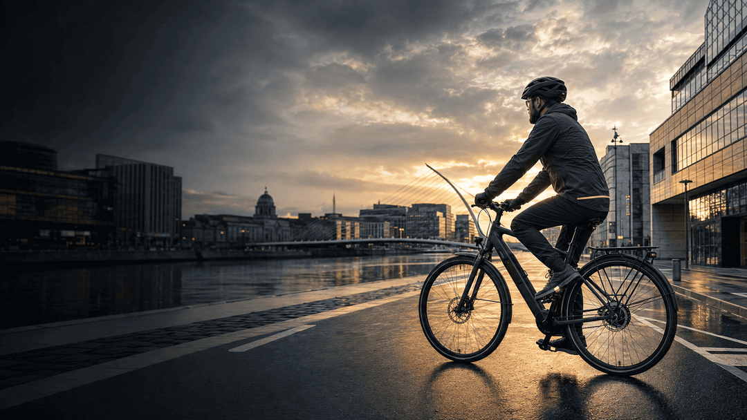 Person riding an electric bike at sunset in an urban setting, illustrating electric bike laws Ireland 2026.