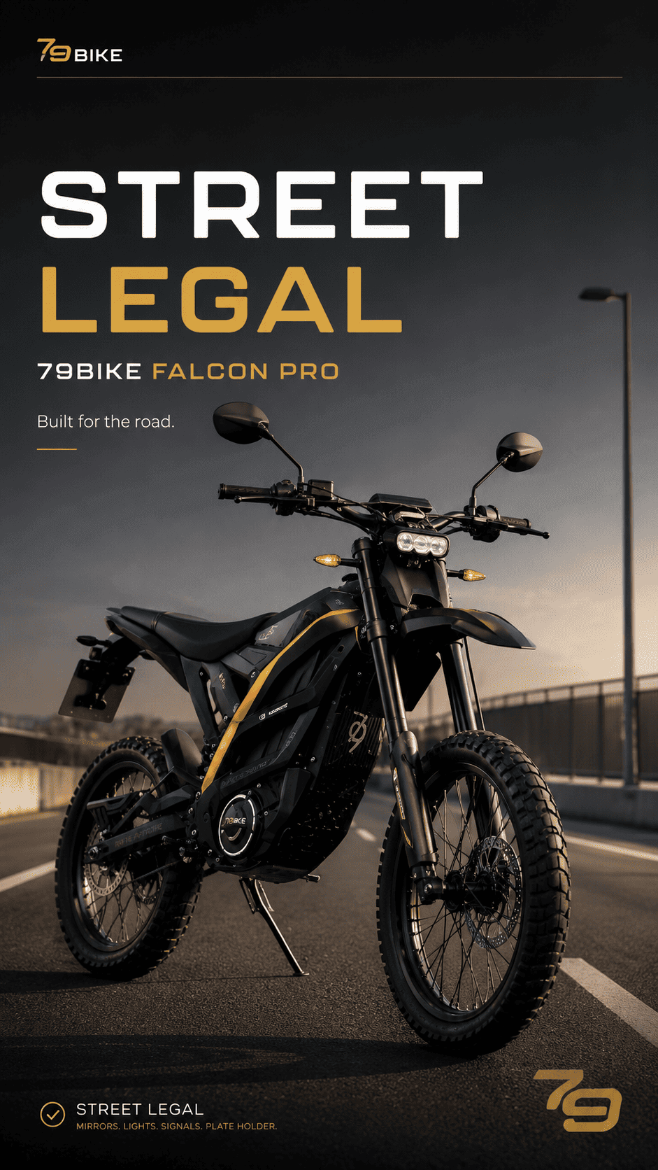 Street-legal electric dirt bike 79Bike Falcon Pro showcased on the road, emphasizing its street-legal features.
