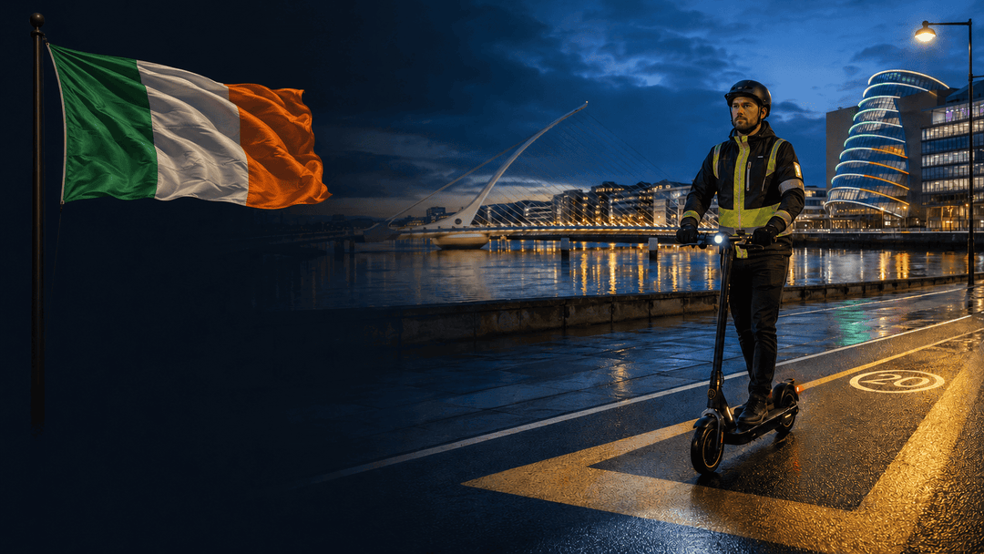A person riding an e-scooter at night in Dublin, with the Ireland flag, representing Ireland e-scooter rules 2026.
