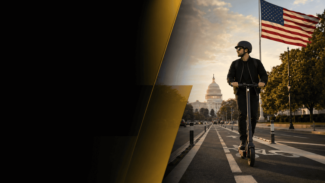 Electric scooter laws USA 2026, man riding e-scooter with US flag in background near Capitol building.