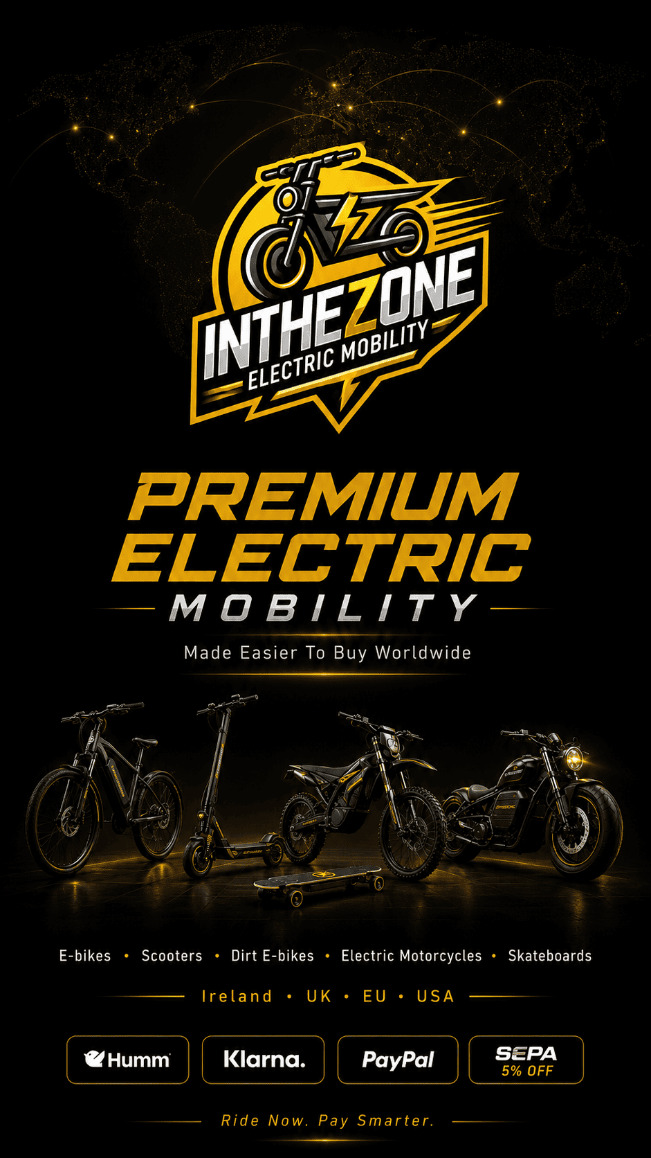 InTheZone logo with premium electric mobility solutions featuring e-bikes, scooters, and electric motorcycles.