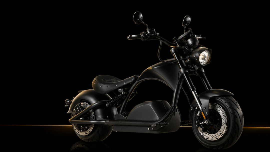 EAHORA Chrome M1PS electric chopper motorcycle showcased in a sleek black design with modern features.