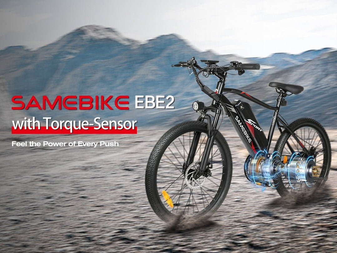 SAMEBIKE EBE2 electric bike review showcasing its torque sensor and performance in a scenic outdoor setting.