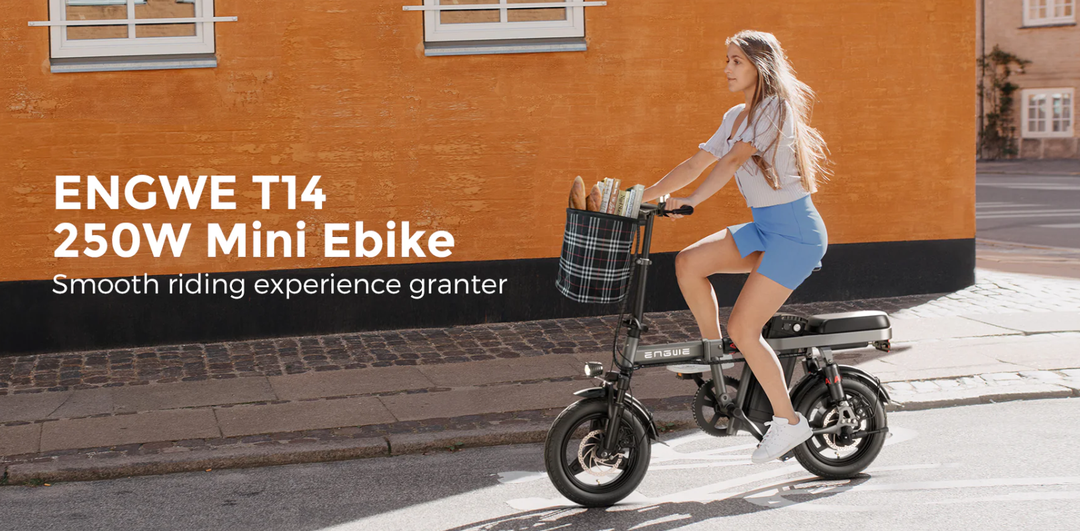 ENGWE T14 electric bike guide featuring a woman riding a compact mini ebike with a basket.