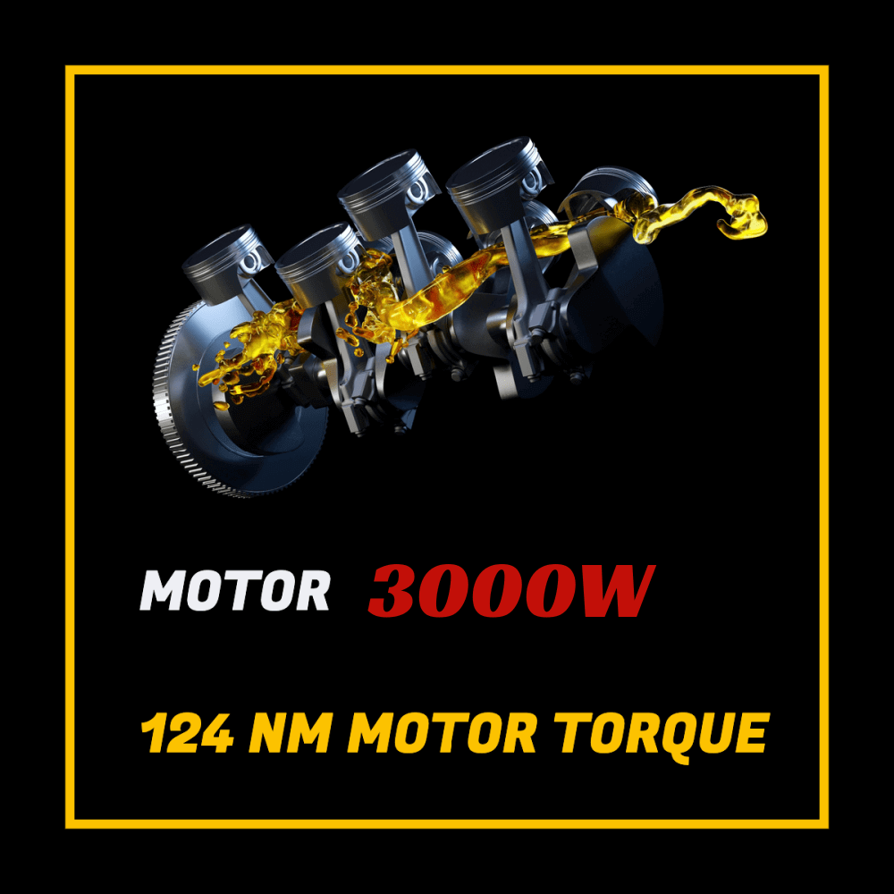 EAHORA M1P PLUS electric motorcycle motor specifications showing 3000W power and 124 NM motor torque.
