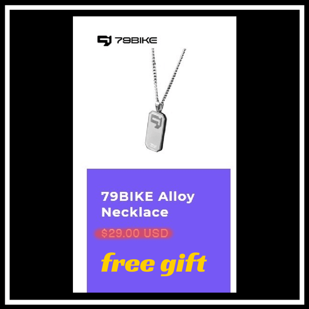 79BIKE Alloy Necklace displayed with a price of $29.00 USD and a free gift label.