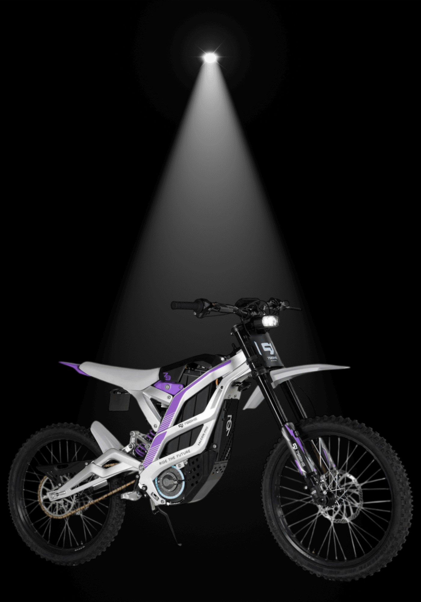 79BIKE-FALCON PRO OFF-ROAD ELECTRIC DIRT BIKE showcased under spotlight on a black background.