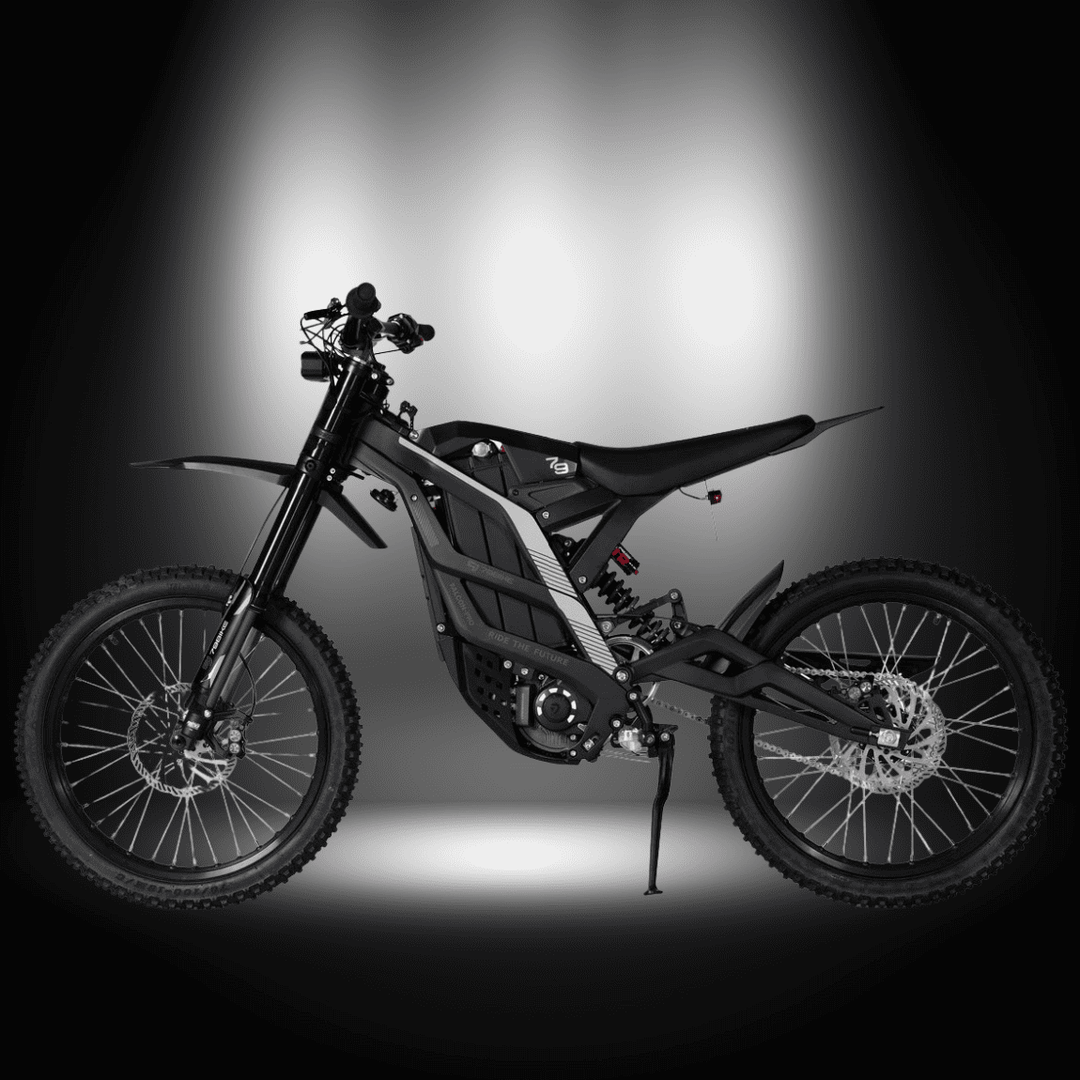 79BIKE-FALCON PRO ELECTRIC DIRT BIKE showcased under dramatic lighting, highlighting its sleek design and features.