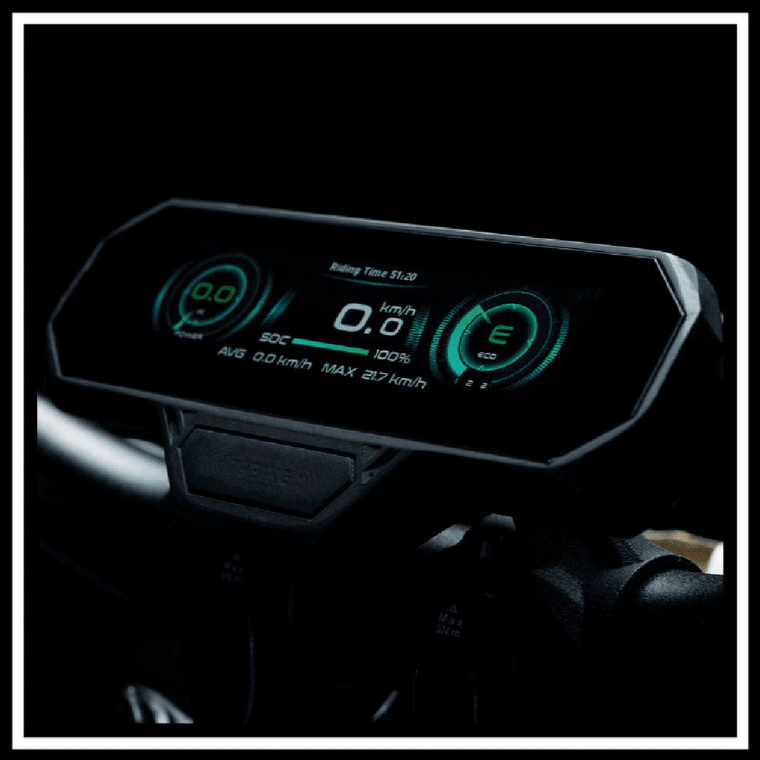 Display screen of the 79BIKE-FALCON PRO OFF-ROAD ELECTRIC DIRT BIKE showing riding statistics and battery level.