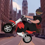 An animated character riding a red motorcycle in the city, performing a wheelie on a street.