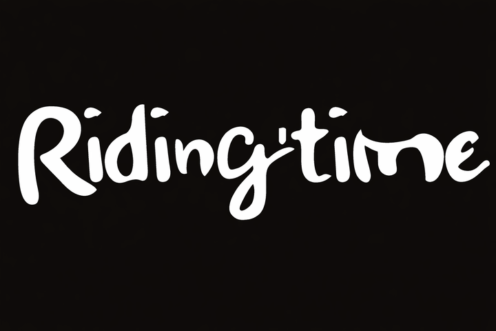 Stylized text 'Riding Time' in white on a black background, creating a bold and playful design.