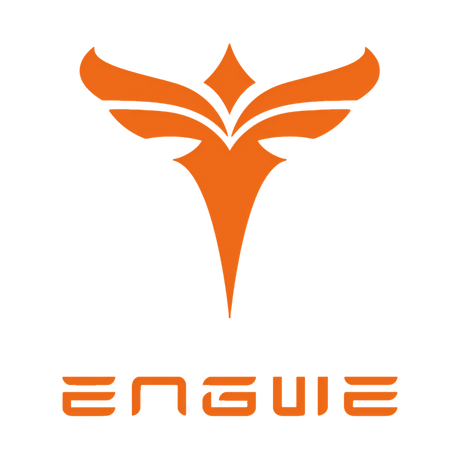 Stylized orange logo of Enguie with wing-like design and bold lettering.