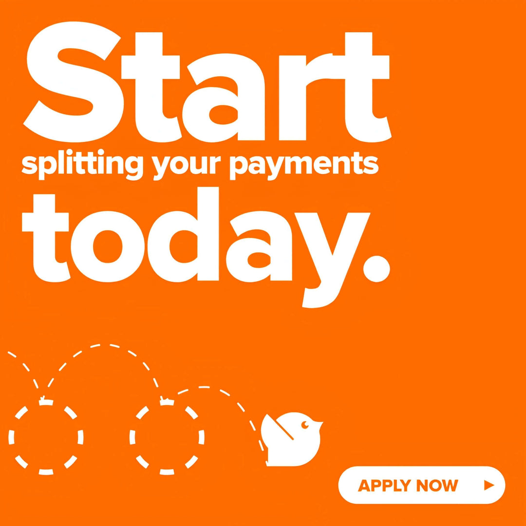 Bright orange graphic promoting payment splitting with text "Start splitting your payments today" and an apply button.