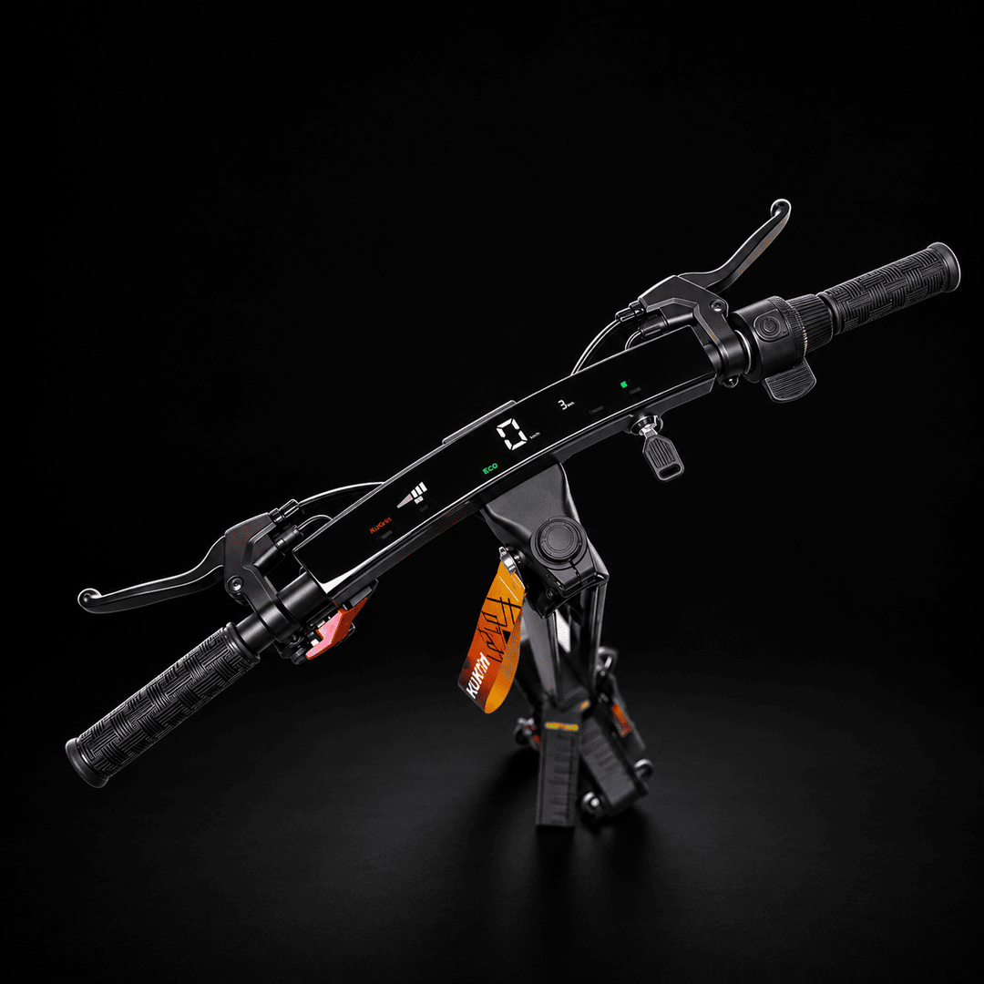 A black electric bicycle handlebar assembly with integrated grips, brake levers, a central control module, and a visible orange hanging tag, photographed on a dark studio background. Kukirin G4 Ultra Electric Scooter