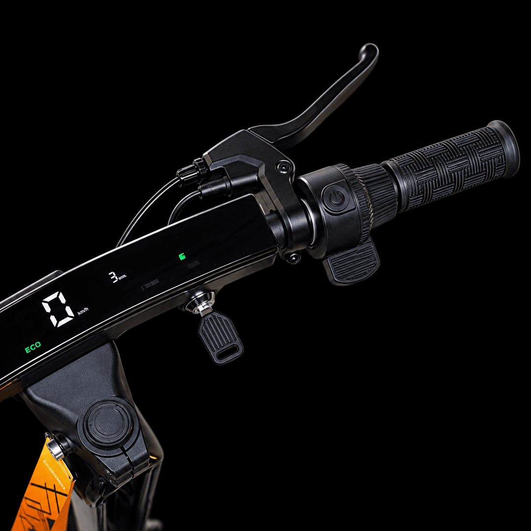 Kukirin G4 Ultra Electric Scooter - Close-up of a black electric bicycle handlebar with a digital display, throttle grip, brake lever, and control switch against a solid black background.