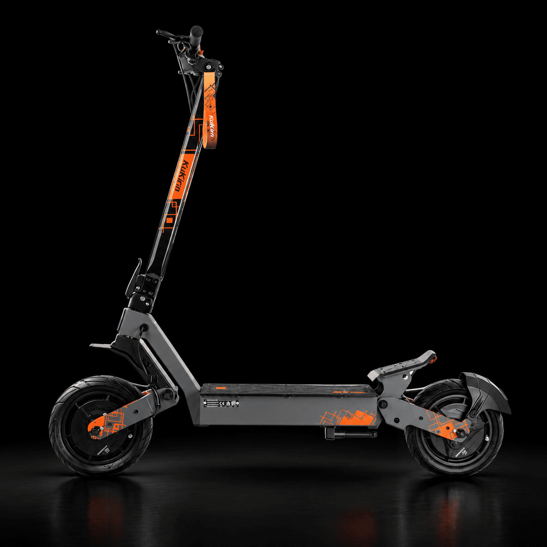 A sleek Kukirin G4 Ultra Electric Scooter in dark gray and black with vibrant orange flame graphics and branding, shown in a side profile against a solid black background.