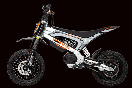 Silver electric dirt bike with black wheels and sporty design, ideal for off-road adventures.