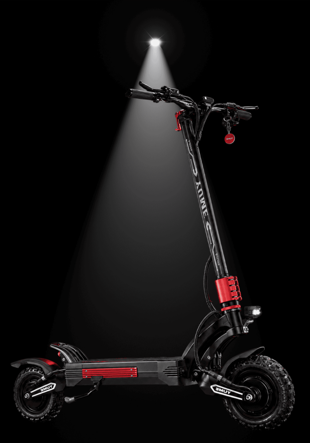 YUME Raptor 2 electric scooter under spotlight against dark background, showcasing high-performance design and features.