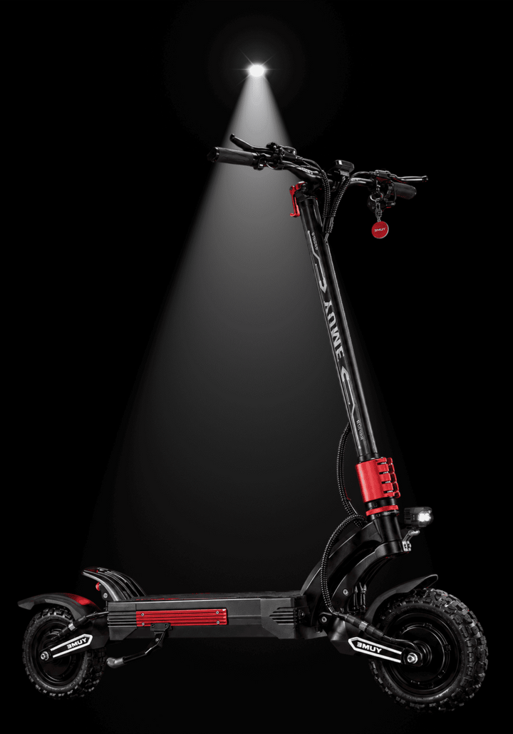 YUME Raptor 2 electric scooter under spotlight against dark background, showcasing high-performance design and features.