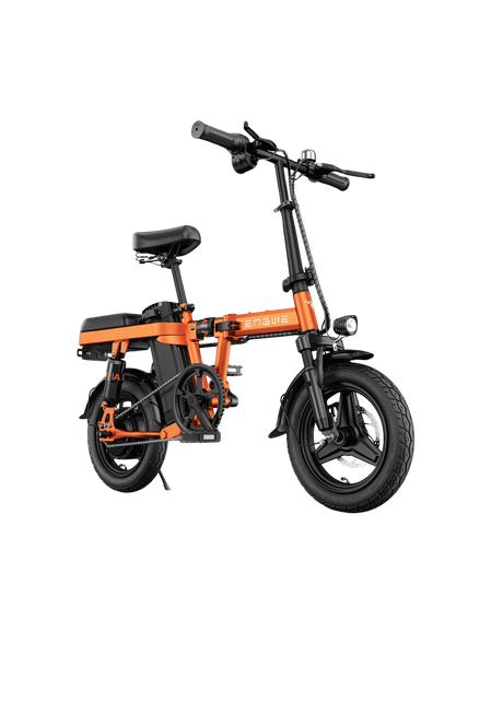 Compact orange electric bike with a sleek design and sturdy frame, ideal for urban commuting.