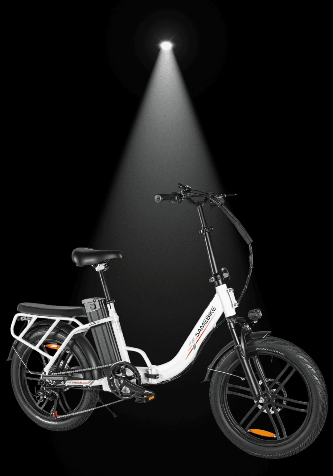 SAMEBIKE CY20 Pro Electric Bike featuring compact design and strong torque under spotlight.