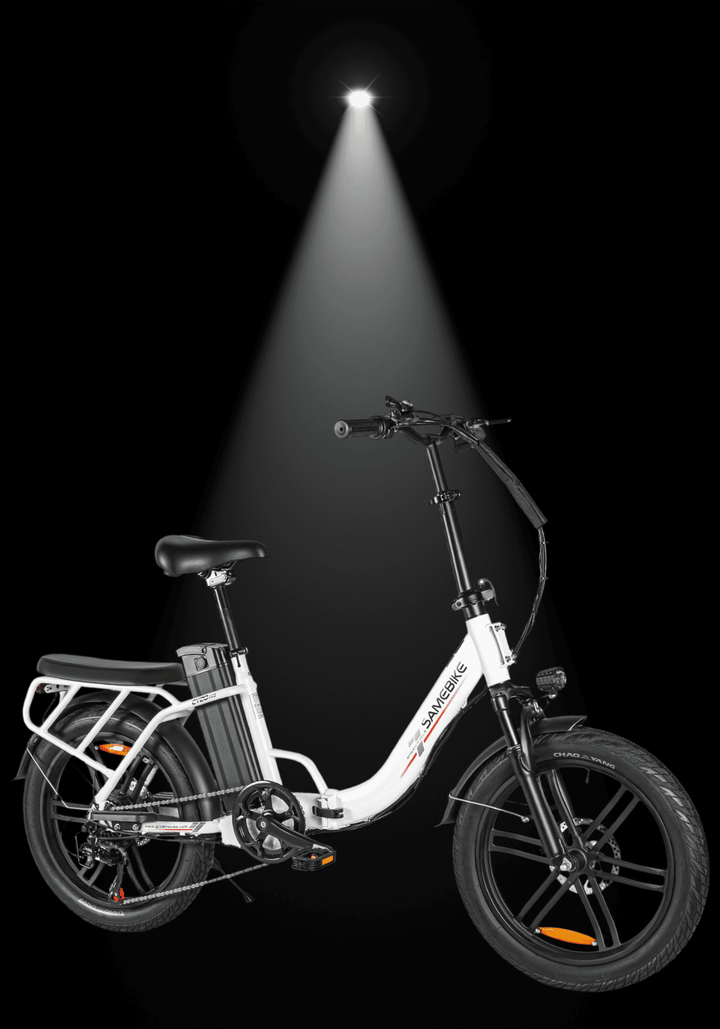 SAMEBIKE CY20 Pro Electric Bike featuring compact design and strong torque under spotlight.