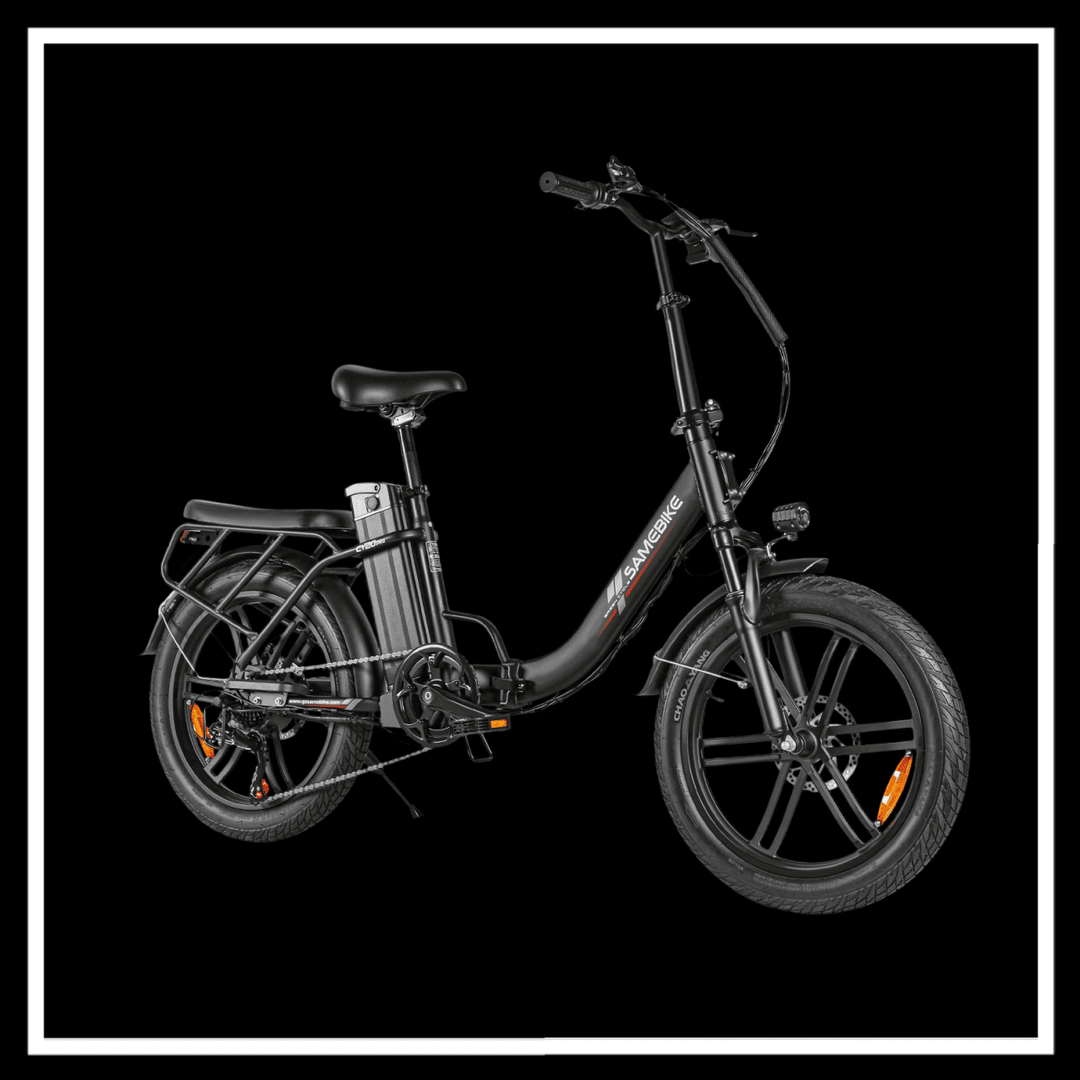 SAMEBIKE CY20 Pro Electric Bike showcasing its sleek design and compact folding capability for urban commuting.