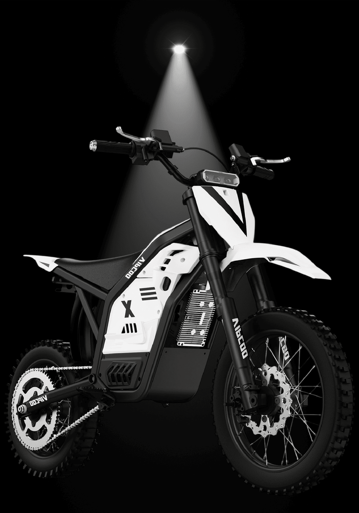 VIPCOO H2 electric dirt bike displayed under spotlight with sleek black and white design