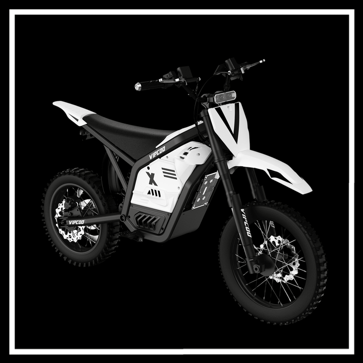 VIPCOO H2 electric dirt bike in white with black accents, showcasing its off-road design and features.