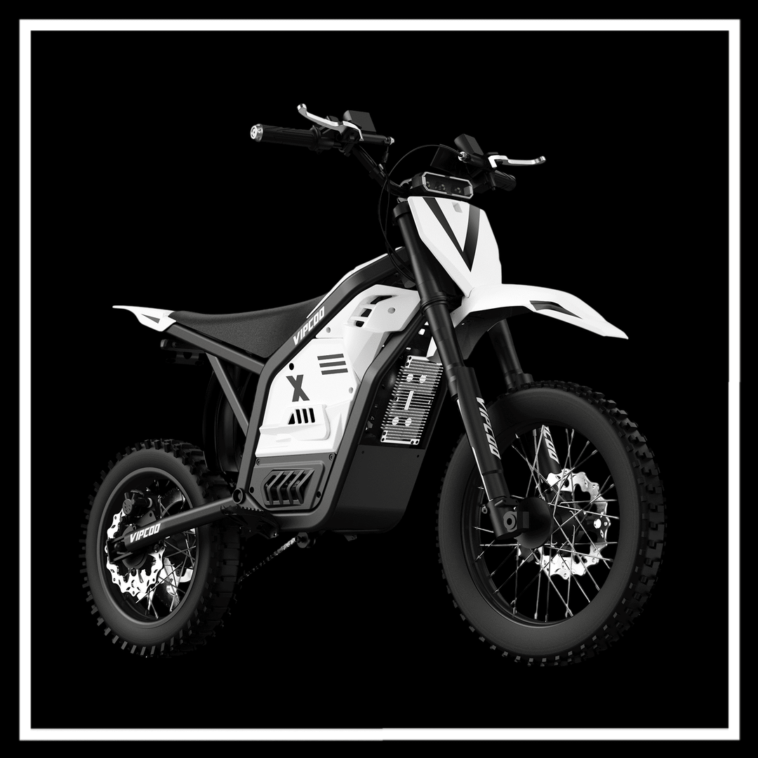 VIPCOO H2 electric dirt bike on a black background showcasing its compact design and off-road capabilities.