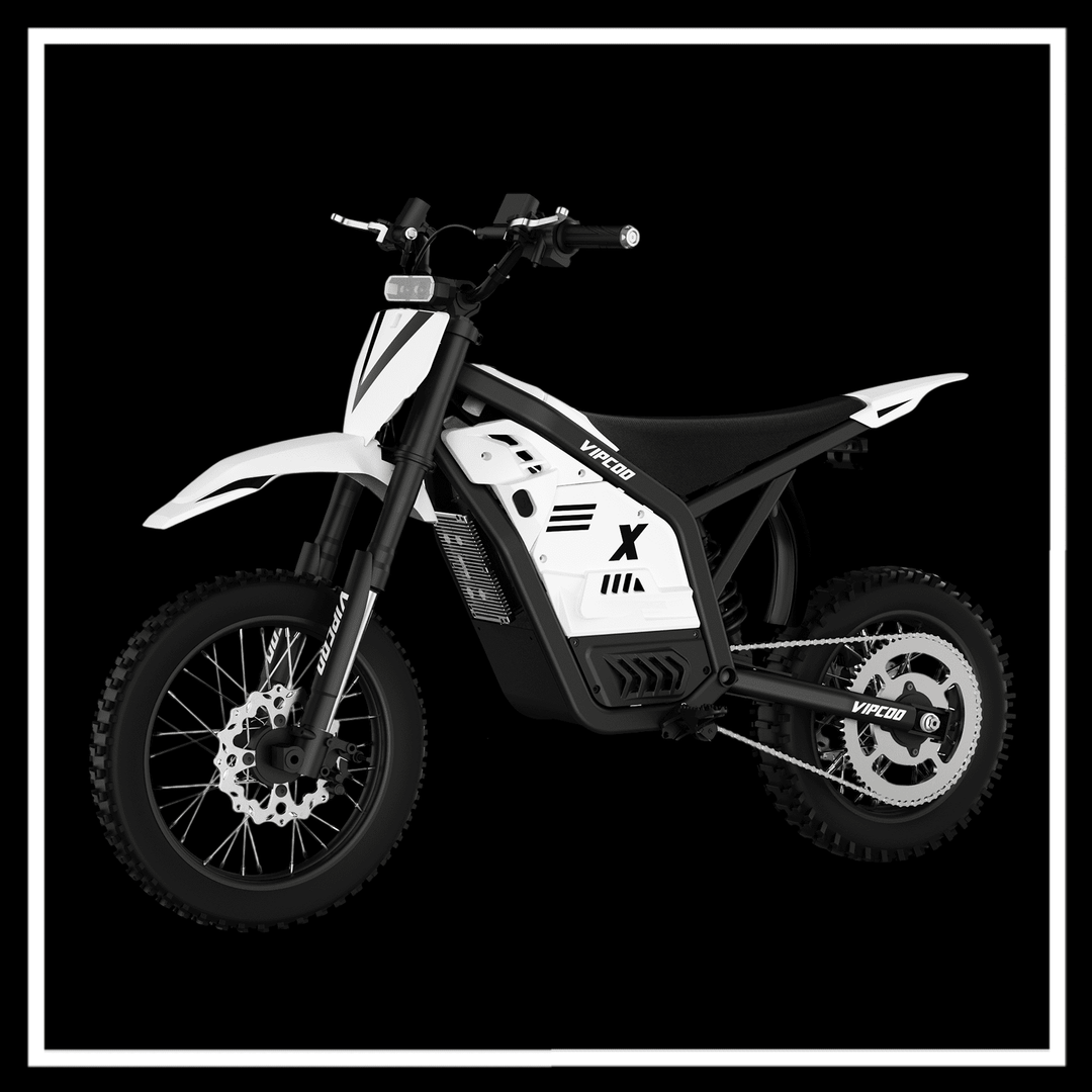 VIPCOO H2 electric dirt bike in black and white design, compact off-road electric bike for adventurous riders.
