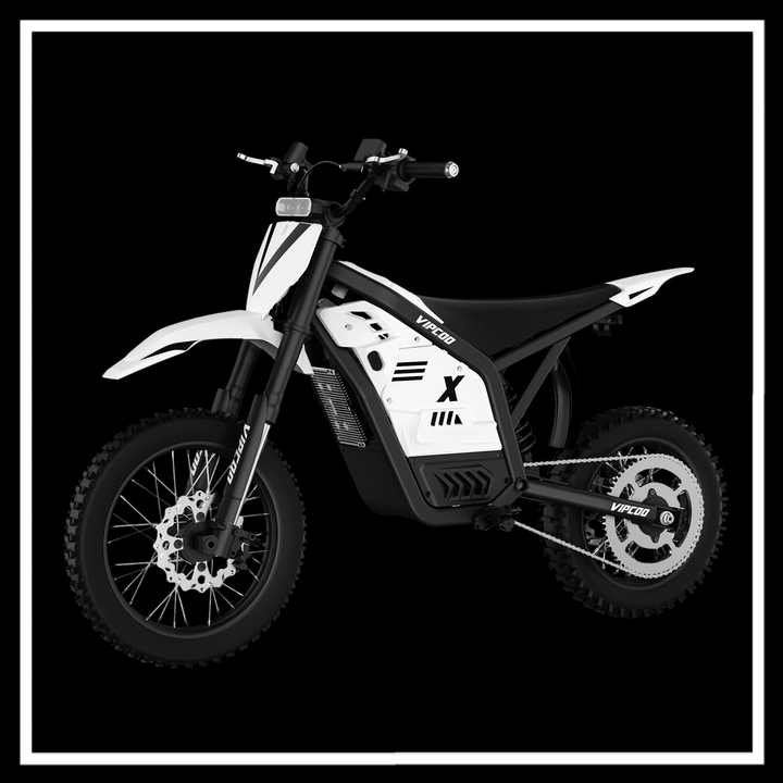VIPCOO H2 electric dirt bike in black and white design, compact off-road electric bike for adventurous riders.