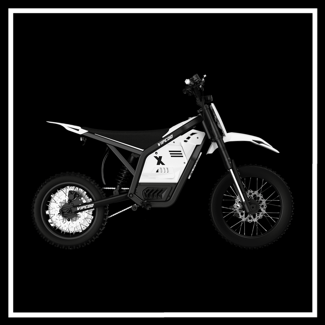 VIPCOO H2 electric dirt bike showcased in sleek black and white design, perfect for off-road adventures.