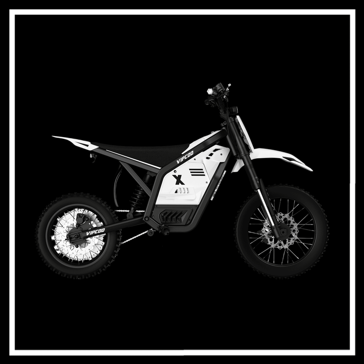 VIPCOO H2 electric dirt bike showcased in sleek black and white design, perfect for off-road adventures.