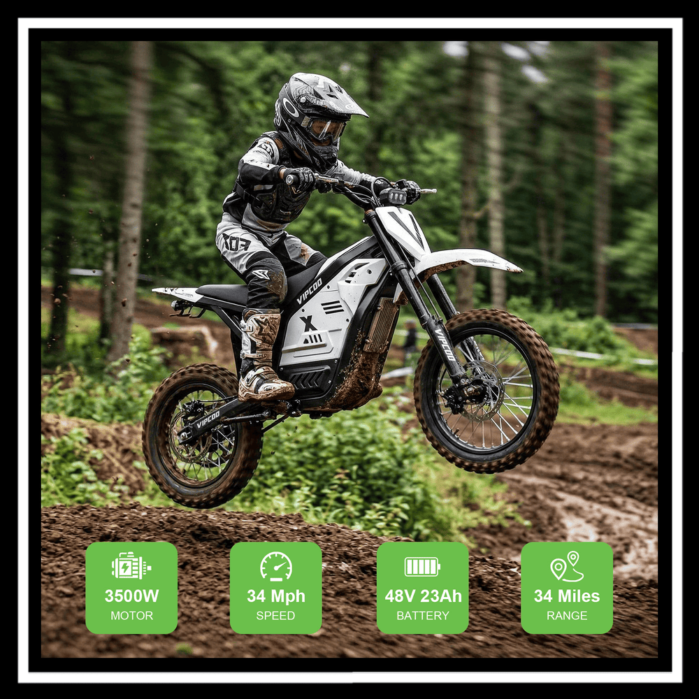 VIPCOO H2 electric dirt bike jumping in dirt, showcasing 3500W motor, 34 mph speed, and 34 miles range.