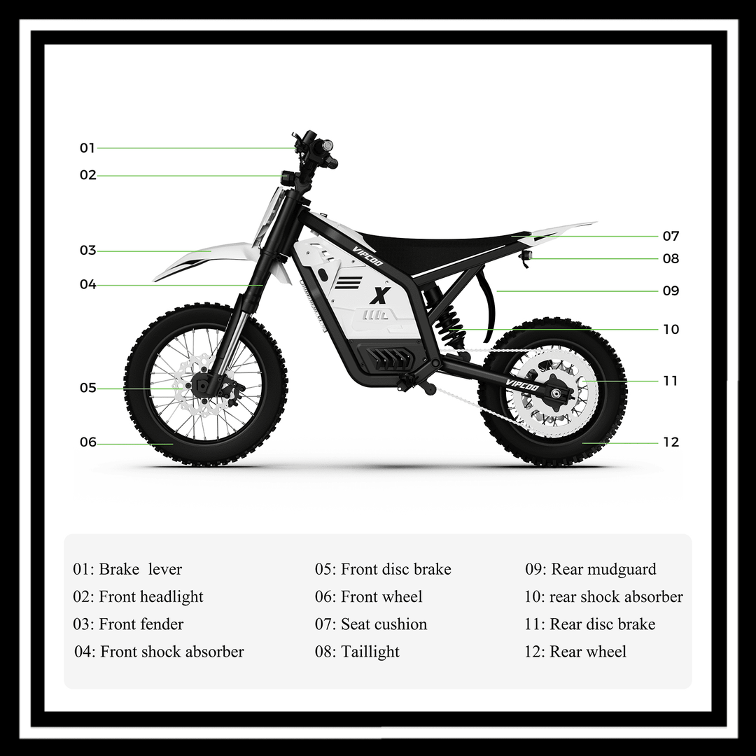 Diagram of VIPCOO H2 electric dirt bike highlighting parts such as brakes, wheels, and headlights.