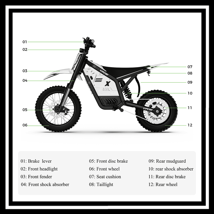 Diagram of VIPCOO H2 electric dirt bike highlighting parts such as brakes, wheels, and headlights.