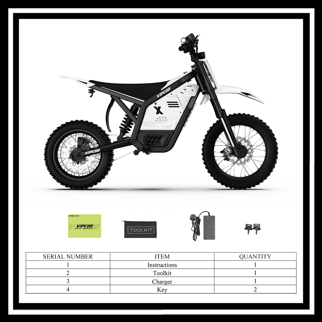 VIPCOO H2 electric dirt bike with included toolkit, charger, and instructions for off-road riding
