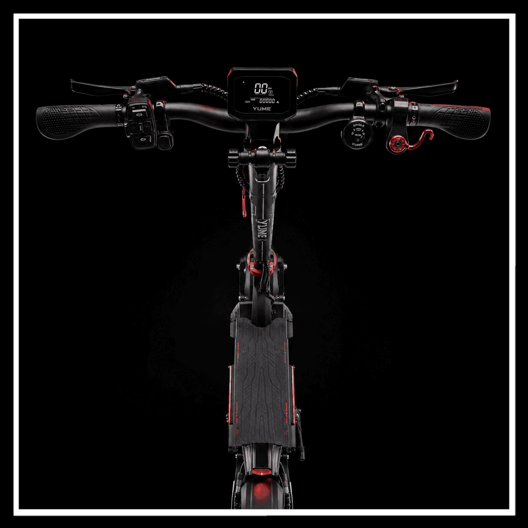 YUME Raptor 2 electric scooter front view with handlebars and display on a black background.